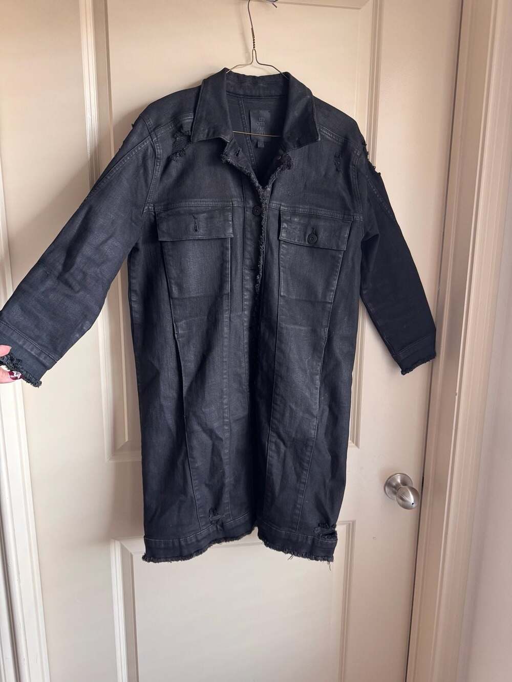 thom/krom Distressed Long Denim Button-Up Jacket/Coat (Style W J 196)